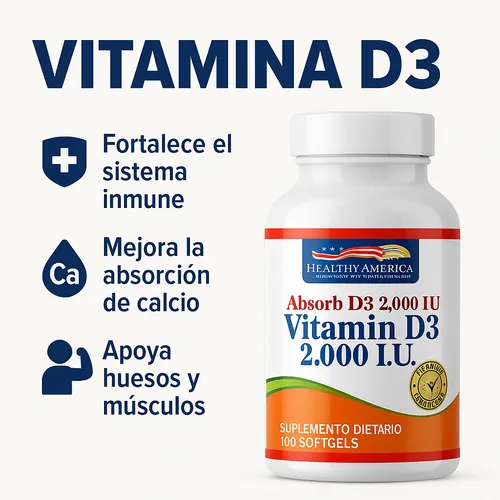 Vitamina D3 2000 IU Healthy America – 100 softgels