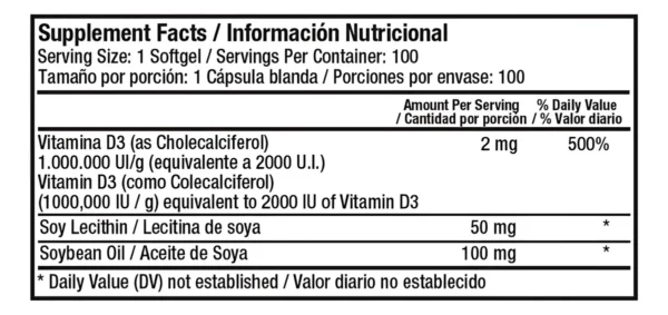 Vitamina D3 2000 IU Healthy America – 100 softgels