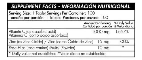 Vitamina C 1000 mg + Zinc Healthy America – 100 tabletas